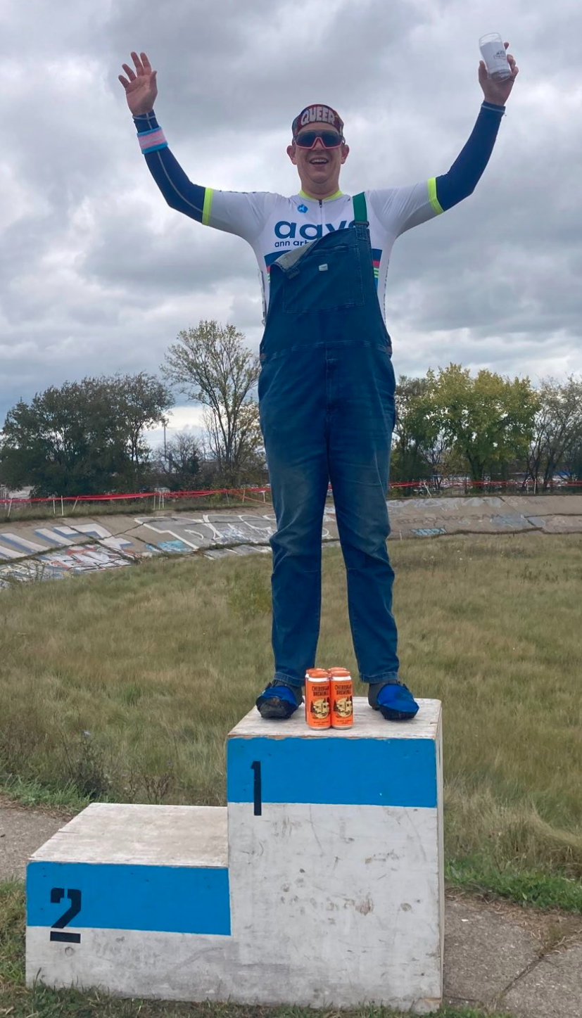 Sam on the top step of the Podium at Detroit Invitation Cyclocross